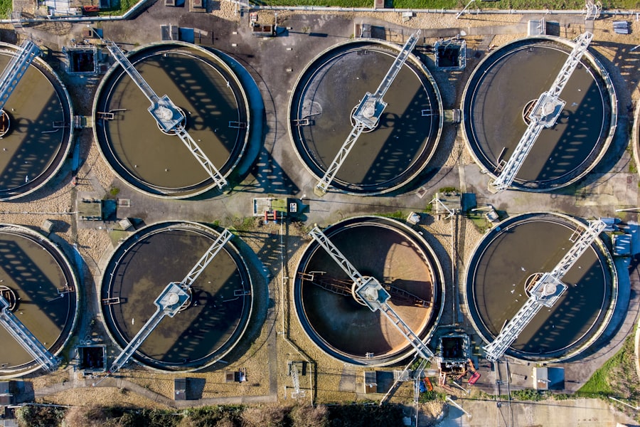 Aerial view of wastewater treatment clarifiers