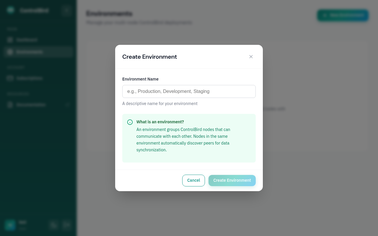 Create environment modal
